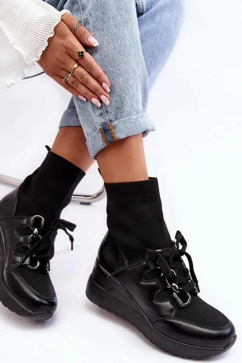 Best Damskie Botki Na Koturnie Ze Skarpetą Czarne Helladina Damskie Botki Na Koturnie|Czarne Botki