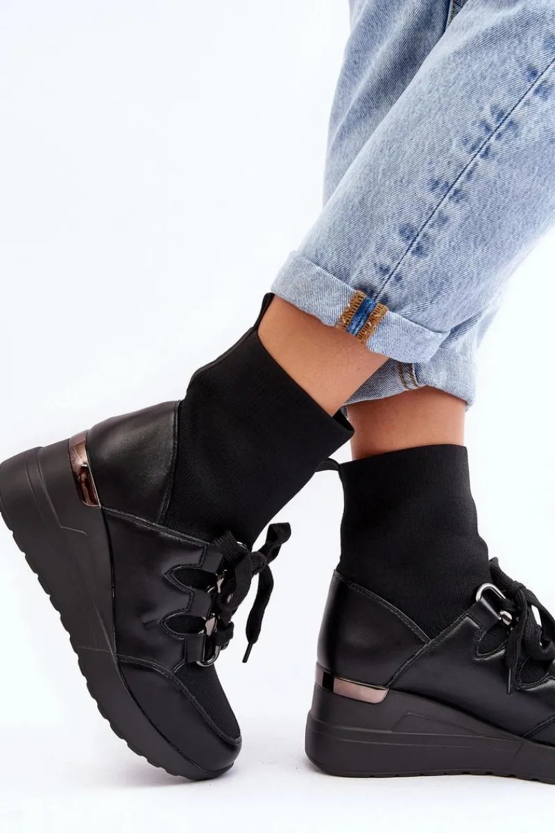 Best Damskie Botki Na Koturnie Ze Skarpetą Czarne Helladina Damskie Botki Na Koturnie|Czarne Botki