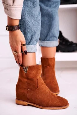 Outlet Boto Damskie Botki Na Koturnie Zamszowe Brązowe Vanya