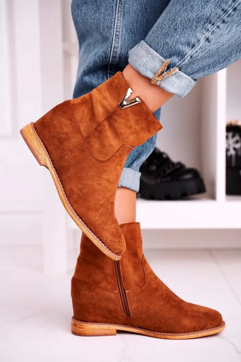 Outlet Boto Damskie Botki Na Koturnie Zamszowe Brązowe Vanya