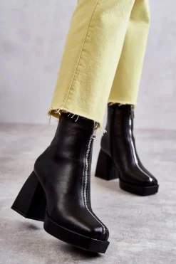 Outlet Boto Damskie Botki Na Masywnym Obcasie Z Suwakiem Czarne Carrera Czarny