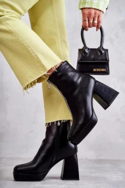 Outlet Boto Damskie Botki Na Masywnym Obcasie Z Suwakiem Czarne Carrera Czarny