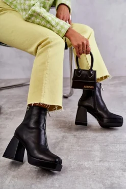 Outlet Boto Damskie Botki Na Masywnym Obcasie Z Suwakiem Czarne Carrera Czarny