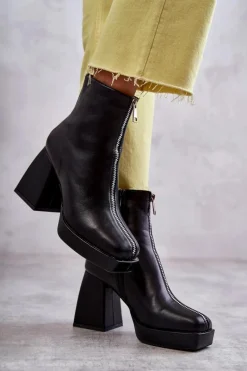 Outlet Boto Damskie Botki Na Masywnym Obcasie Z Suwakiem Czarne Carrera Czarny