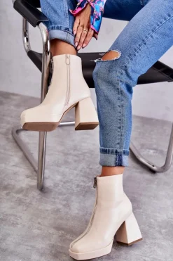 Botki Ocieplane|Botki Zimowe Damskie>Boto Damskie Botki Na Masywnym Obcasie Z Suwakiem Beżowe Carrera