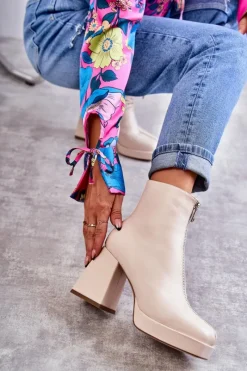 Botki Ocieplane|Botki Zimowe Damskie>Boto Damskie Botki Na Masywnym Obcasie Z Suwakiem Beżowe Carrera