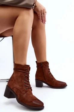 Outlet Damskie Botki Na Niskim Obcasie Sznurowane Brązowe Serellia Damskie Brązowe I Beżowe Botki|Botki Na Obcasie