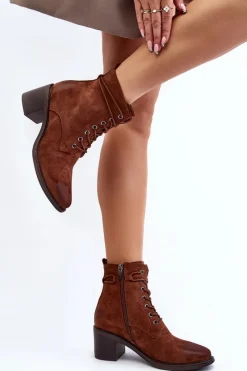 Outlet Damskie Botki Na Niskim Obcasie Sznurowane Brązowe Serellia Damskie Brązowe I Beżowe Botki|Botki Na Obcasie