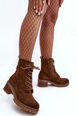 New Damskie Botki Na Niskim Obcasie Sznurowane Brązowe Adinail Damskie Botki Ocieplane|Brązowe I Beżowe Botki