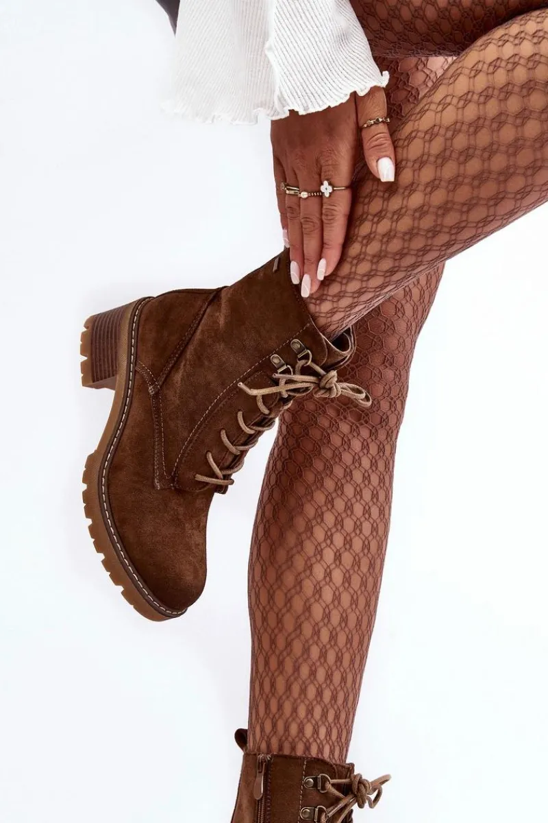 New Damskie Botki Na Niskim Obcasie Sznurowane Brązowe Adinail Damskie Botki Ocieplane|Brązowe I Beżowe Botki