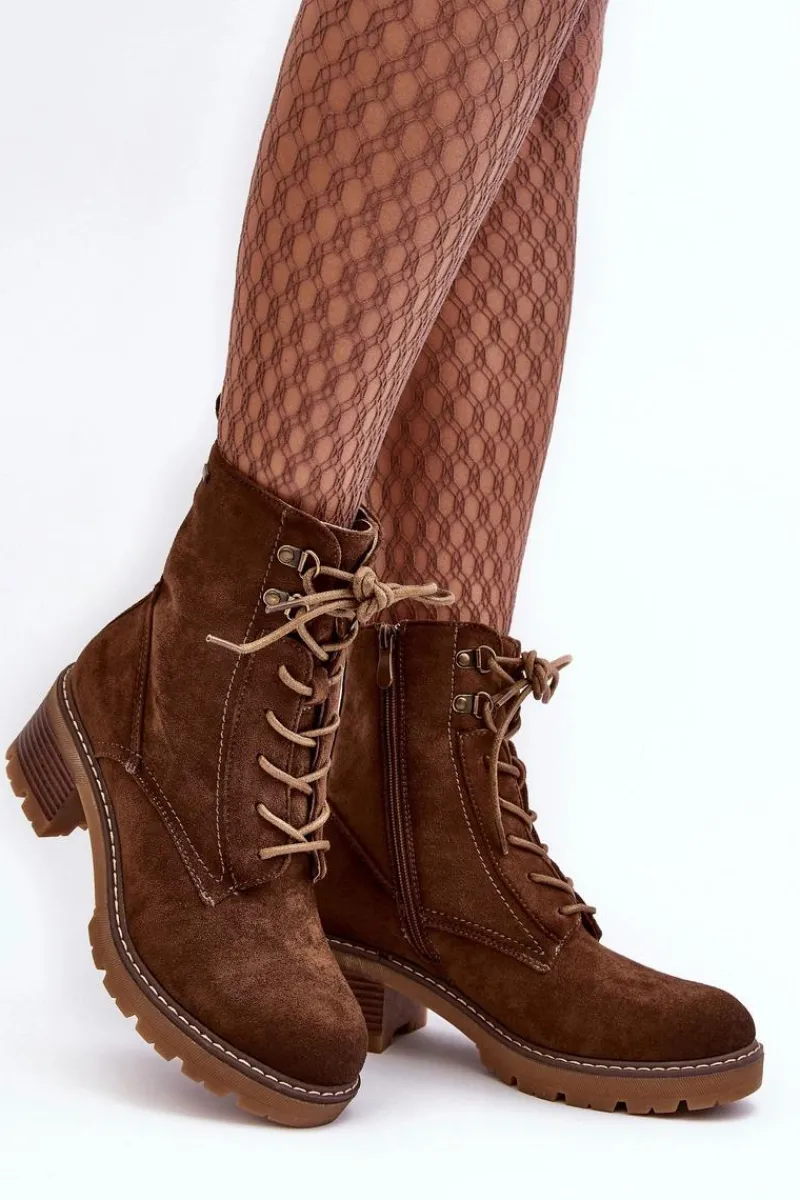 New Damskie Botki Na Niskim Obcasie Sznurowane Brązowe Adinail Damskie Botki Ocieplane|Brązowe I Beżowe Botki