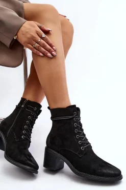 Botki Ocieplane|Brązowe I Beżowe Botki>Boto Damskie Botki Na Niskim Obcasie Sznurowane Czarne Serellia Czarny