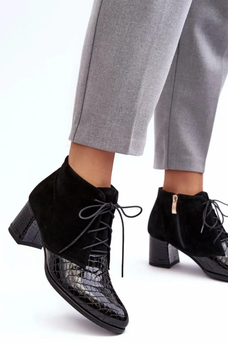 Botki Skórzane|Botki Sznurowane>Boto Damskie Botki Na Niskim Słupku Wężowy Wzór Czarne Ebba