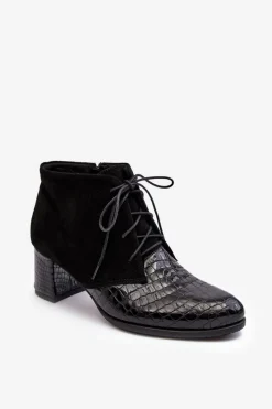 Botki Skórzane|Botki Sznurowane>Boto Damskie Botki Na Niskim Słupku Wężowy Wzór Czarne Ebba