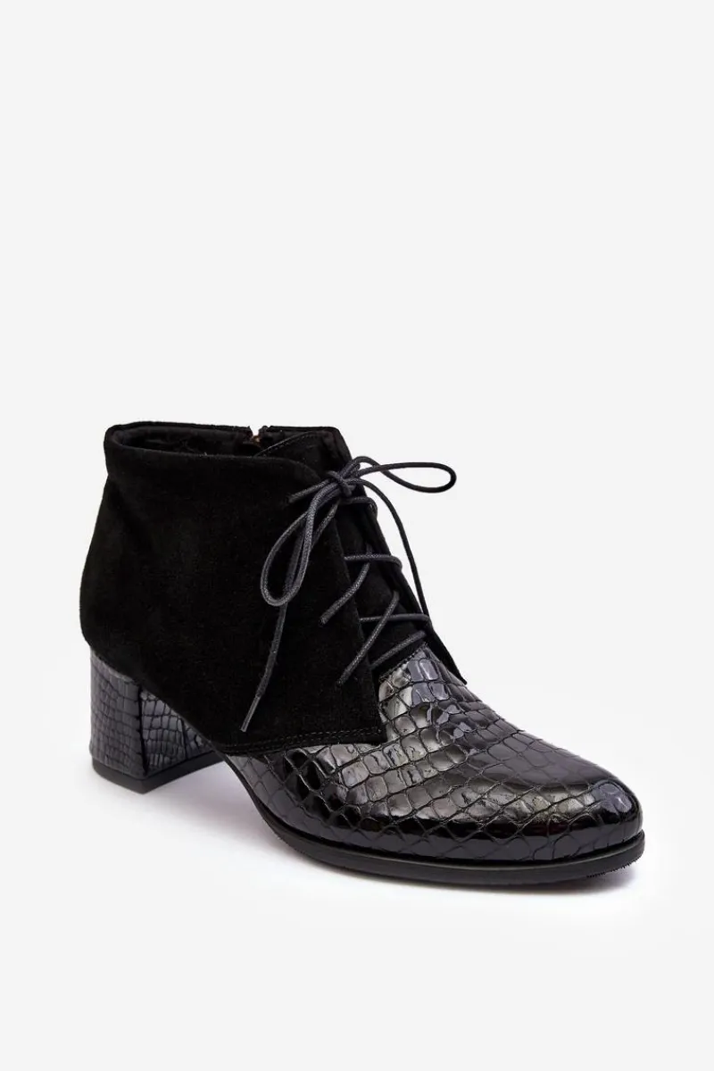 Botki Skórzane|Botki Sznurowane>Boto Damskie Botki Na Niskim Słupku Wężowy Wzór Czarne Ebba