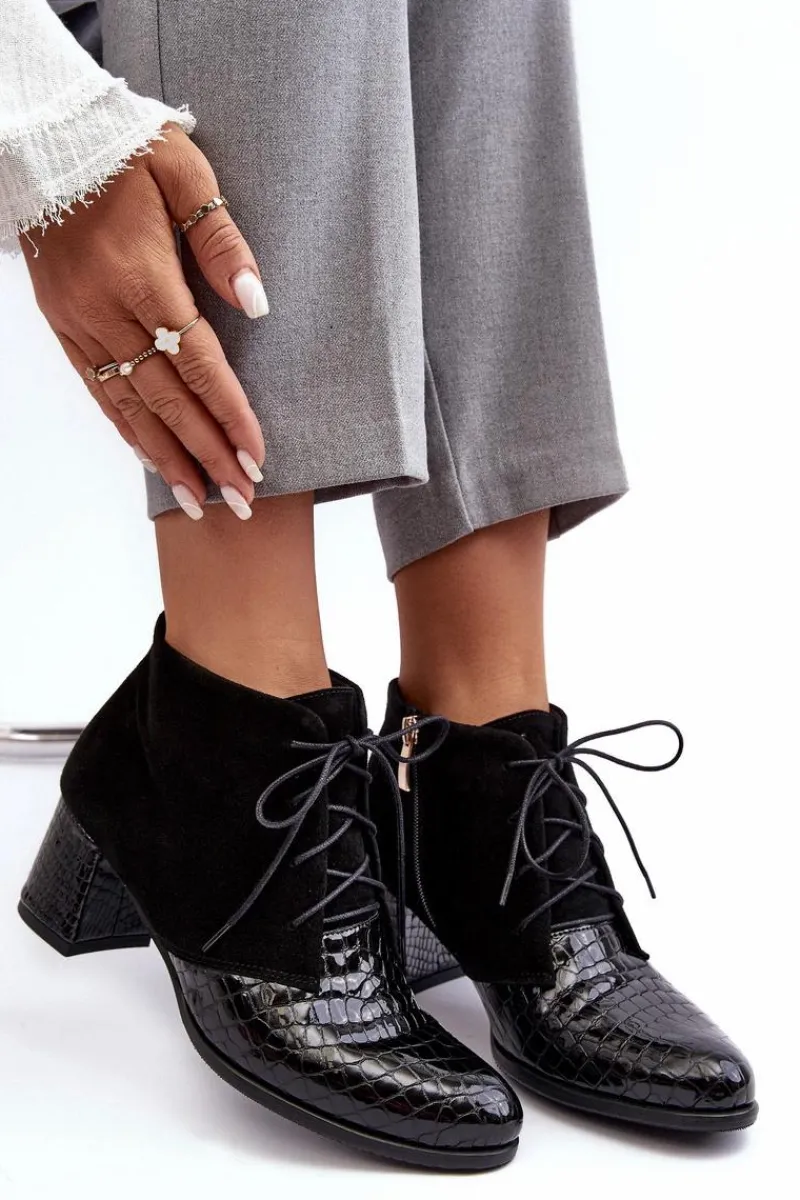 Botki Skórzane|Botki Sznurowane>Boto Damskie Botki Na Niskim Słupku Wężowy Wzór Czarne Ebba