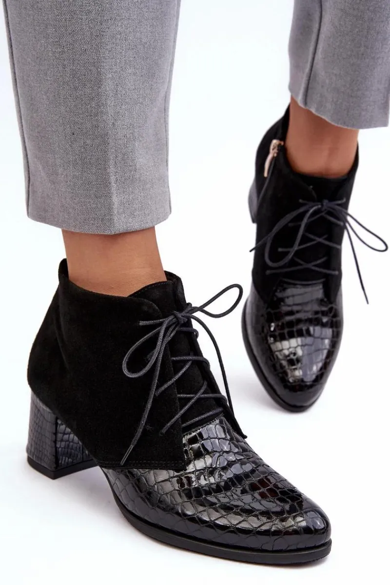 Botki Skórzane|Botki Sznurowane>Boto Damskie Botki Na Niskim Słupku Wężowy Wzór Czarne Ebba