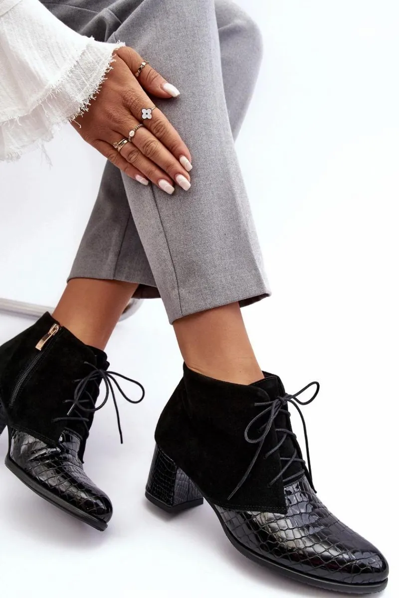 Botki Skórzane|Botki Sznurowane>Boto Damskie Botki Na Niskim Słupku Wężowy Wzór Czarne Ebba