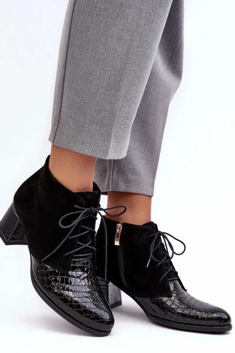 Botki Skórzane|Botki Sznurowane>Boto Damskie Botki Na Niskim Słupku Wężowy Wzór Czarne Ebba