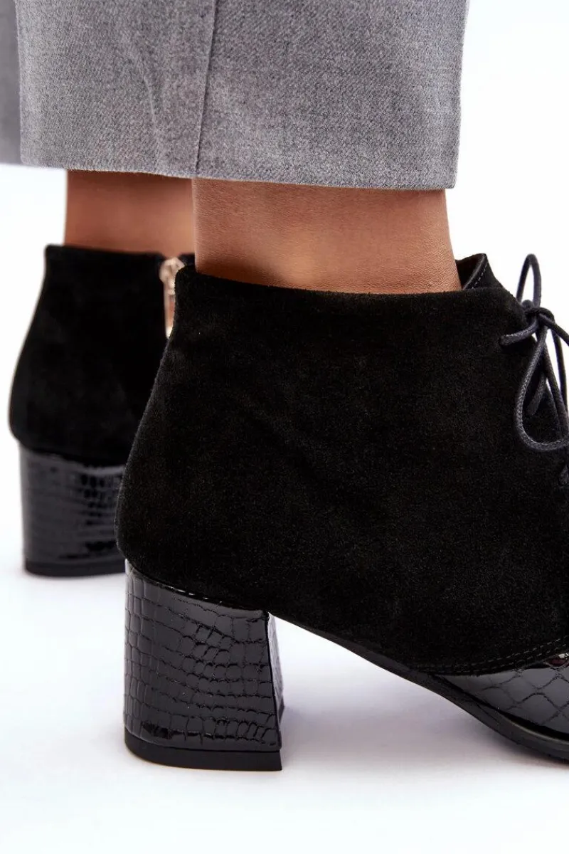 Botki Skórzane|Botki Sznurowane>Boto Damskie Botki Na Niskim Słupku Wężowy Wzór Czarne Ebba