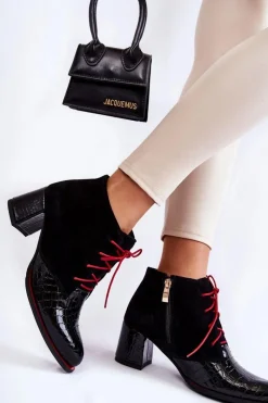 New Damskie Botki Na Niskim Słupku Czarne Ebba Damskie Botki Sznurowane|Botki Na Słupku