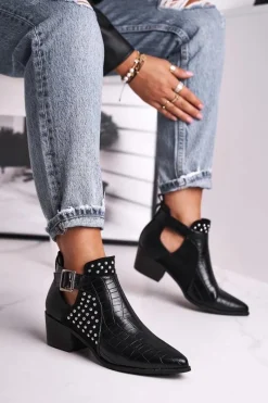Discount Boto Damskie Botki Na Obcasie Klamra Czarne Rontra