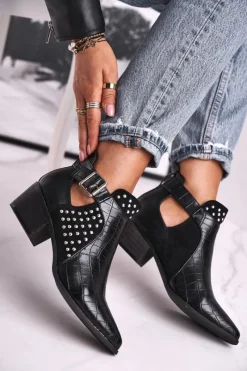 Discount Boto Damskie Botki Na Obcasie Klamra Czarne Rontra