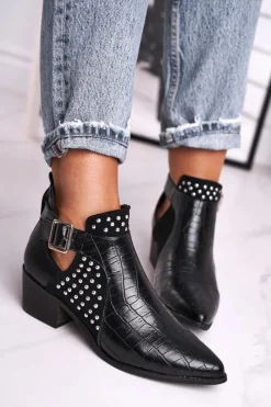 Discount Boto Damskie Botki Na Obcasie Klamra Czarne Rontra