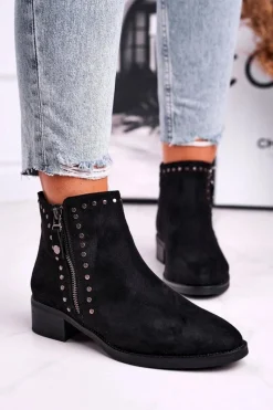 Outlet Damskie Botki Na Obcasie Nity Czarne Control Damskie Czarne Botki|Botki Zimowe Damskie