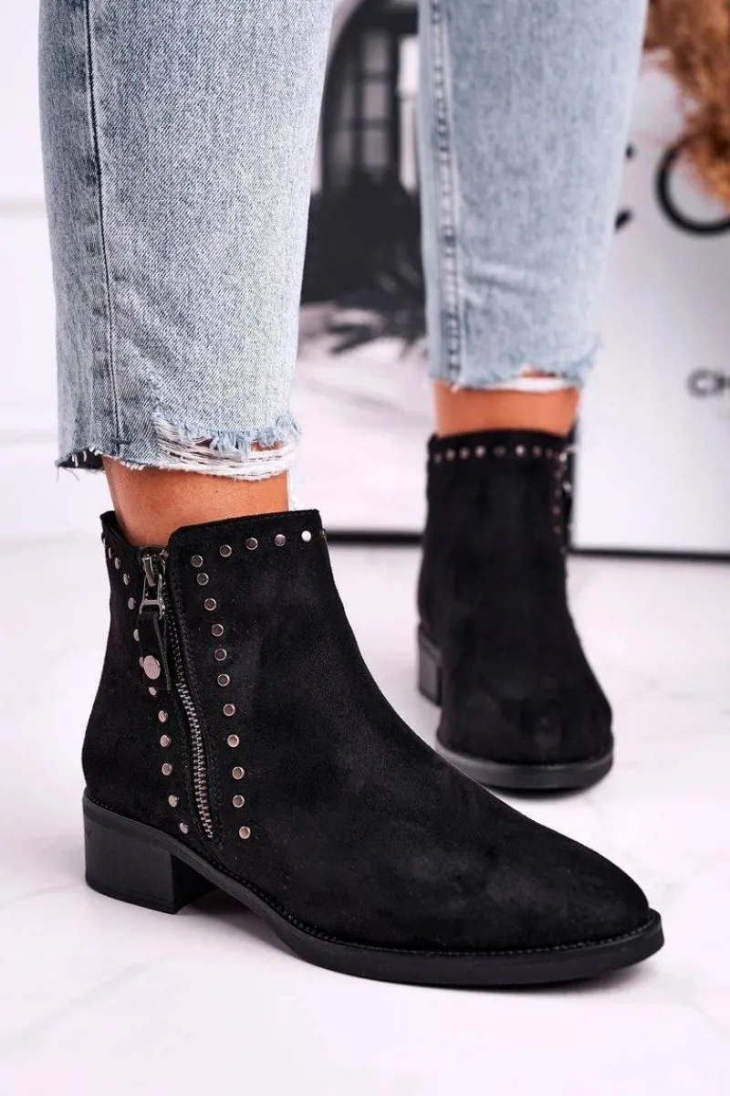 Outlet Damskie Botki Na Obcasie Nity Czarne Control Damskie Czarne Botki|Botki Zimowe Damskie