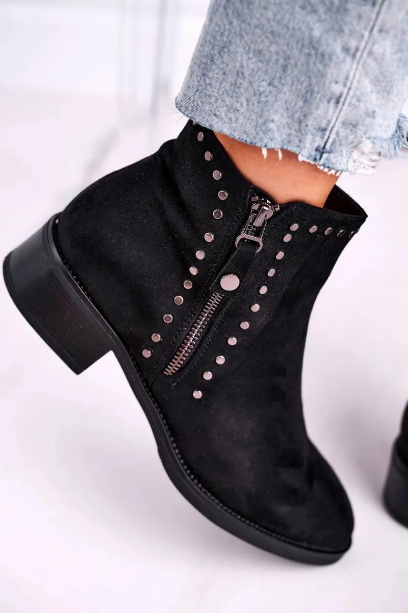 Outlet Damskie Botki Na Obcasie Nity Czarne Control Damskie Czarne Botki|Botki Zimowe Damskie