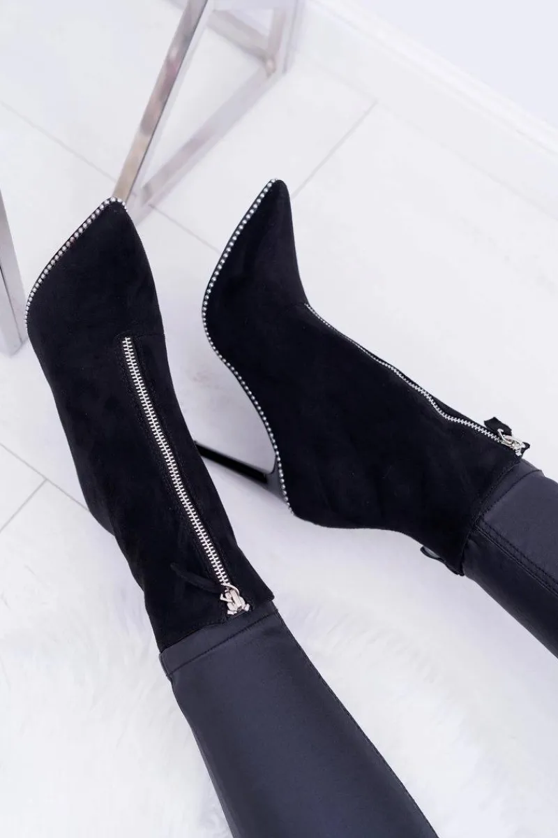 Hot Damskie Botki Na Obcasie Lu Boo Dwa Suwaki Zamszowe Czarne Suzy Damskie Botki Zamszowe|Czarne Botki