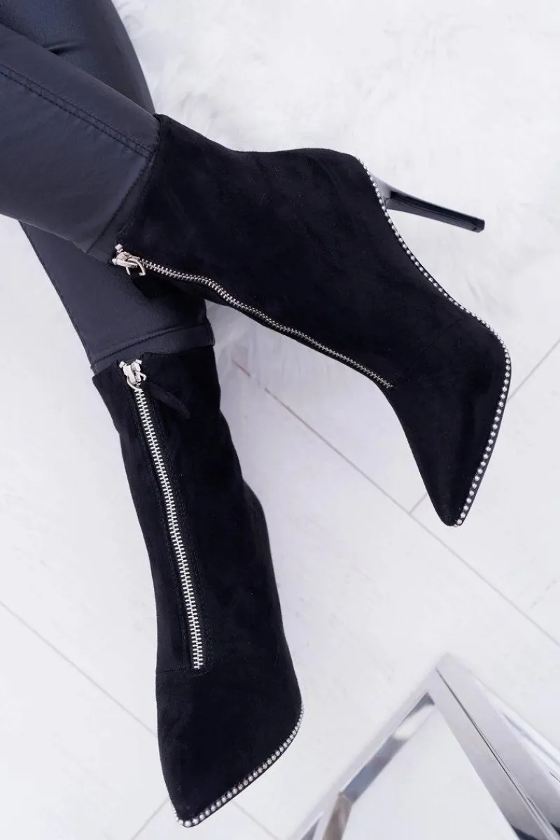 Hot Damskie Botki Na Obcasie Lu Boo Dwa Suwaki Zamszowe Czarne Suzy Damskie Botki Zamszowe|Czarne Botki