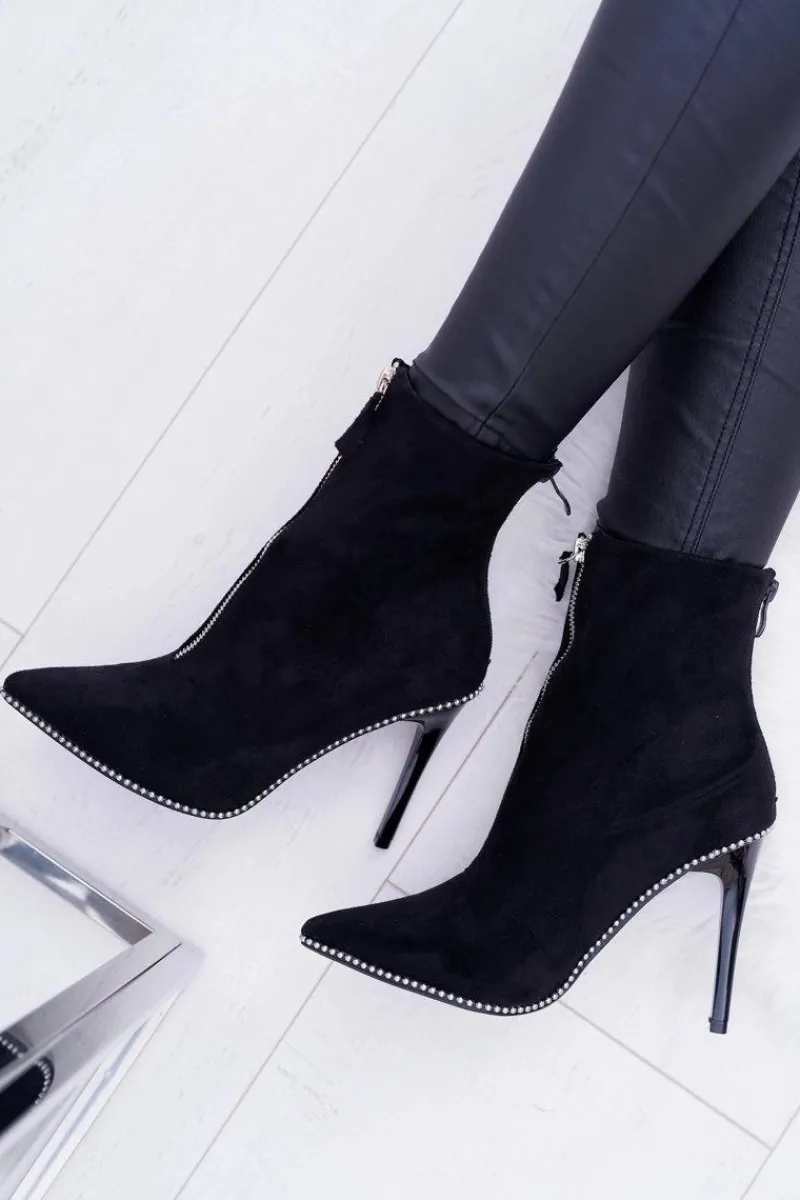 Hot Damskie Botki Na Obcasie Lu Boo Dwa Suwaki Zamszowe Czarne Suzy Damskie Botki Zamszowe|Czarne Botki