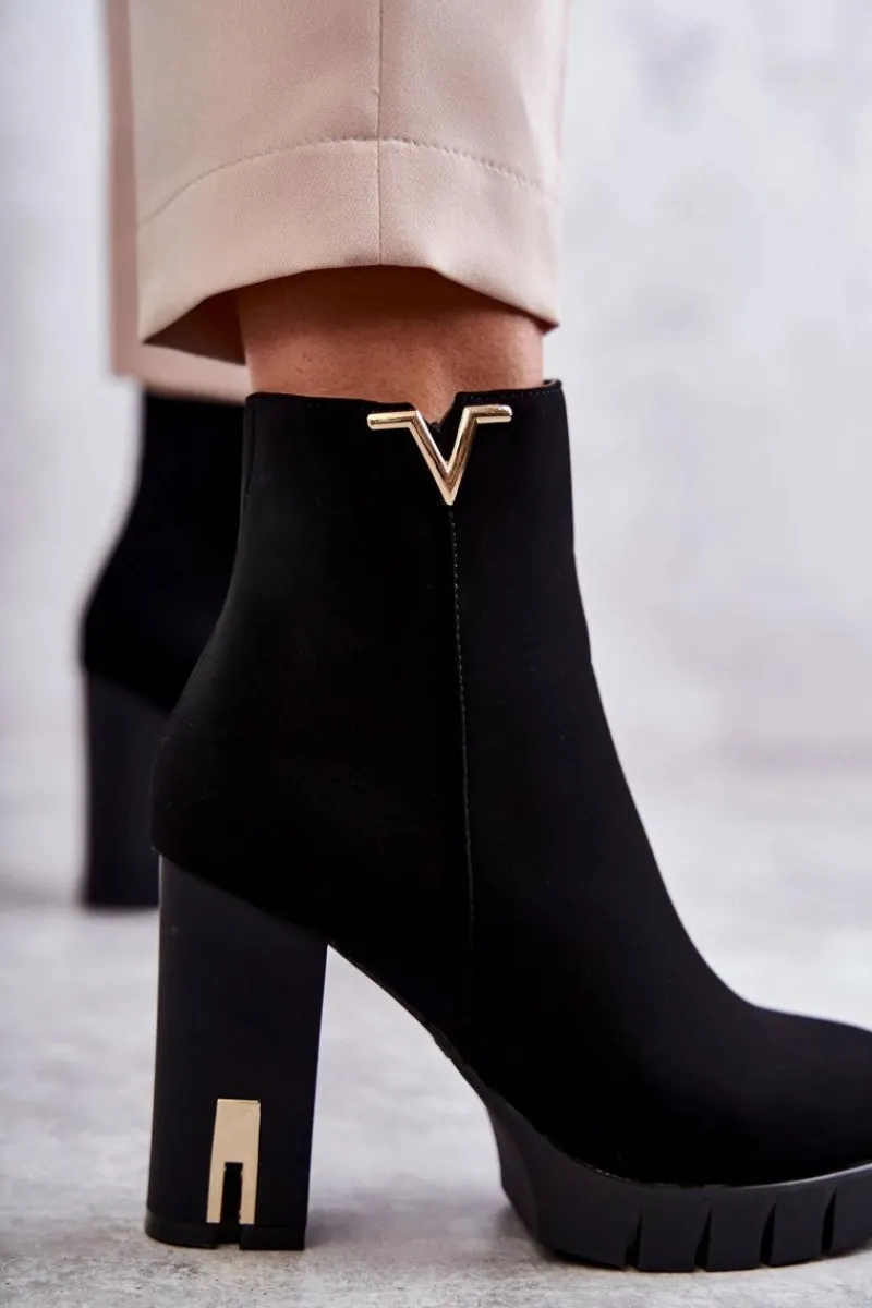 Best Damskie Botki Na Obcasie Z Ozdobą Czarne Teruko Damskie Botki Na Słupku|Czarne Botki