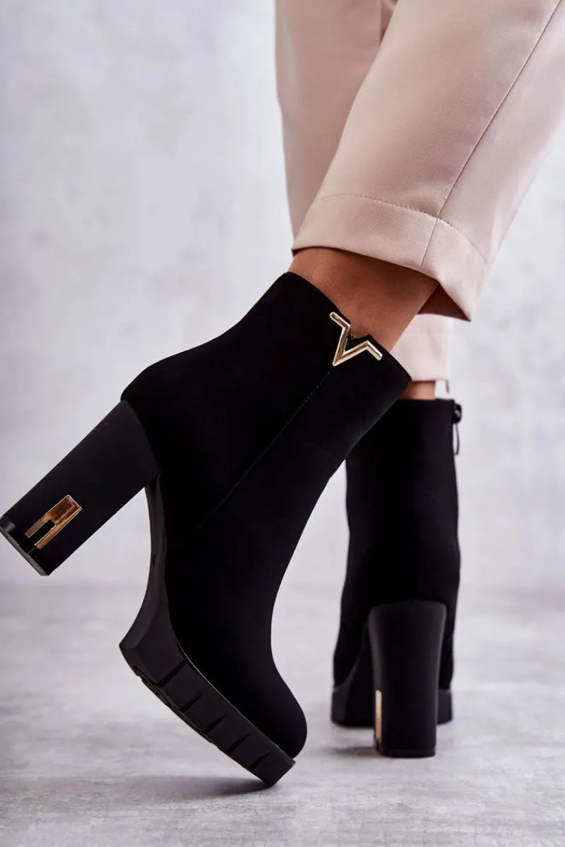 Best Damskie Botki Na Obcasie Z Ozdobą Czarne Teruko Damskie Botki Na Słupku|Czarne Botki