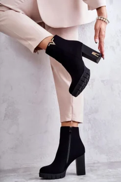 Best Damskie Botki Na Obcasie Z Ozdobą Czarne Teruko Damskie Botki Na Słupku|Czarne Botki