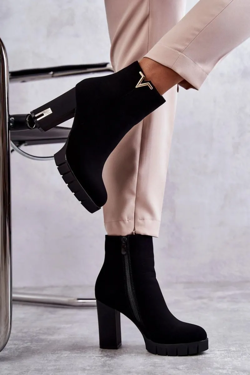 Best Damskie Botki Na Obcasie Z Ozdobą Czarne Teruko Damskie Botki Na Słupku|Czarne Botki