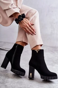 Best Damskie Botki Na Obcasie Z Ozdobą Czarne Teruko Damskie Botki Na Słupku|Czarne Botki