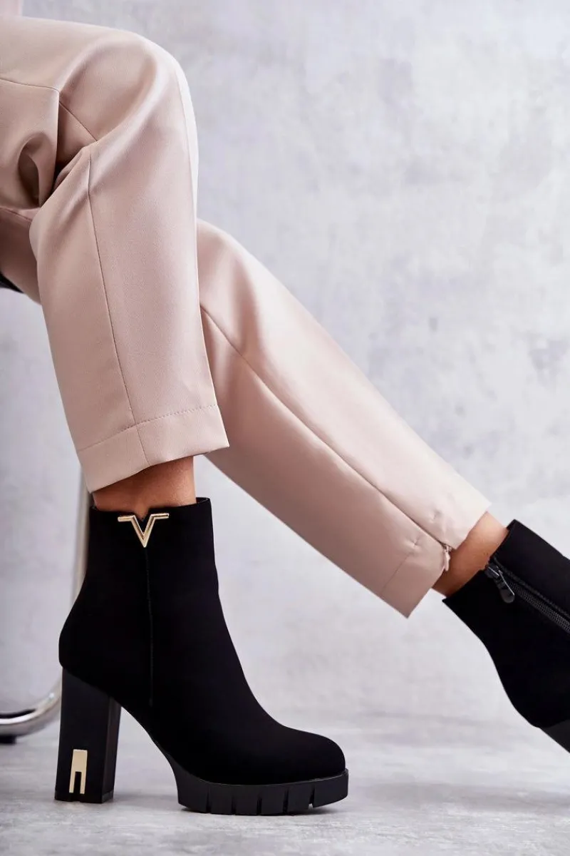 Best Damskie Botki Na Obcasie Z Ozdobą Czarne Teruko Damskie Botki Na Słupku|Czarne Botki