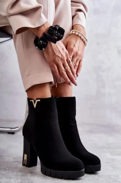Best Damskie Botki Na Obcasie Z Ozdobą Czarne Teruko Damskie Botki Na Słupku|Czarne Botki