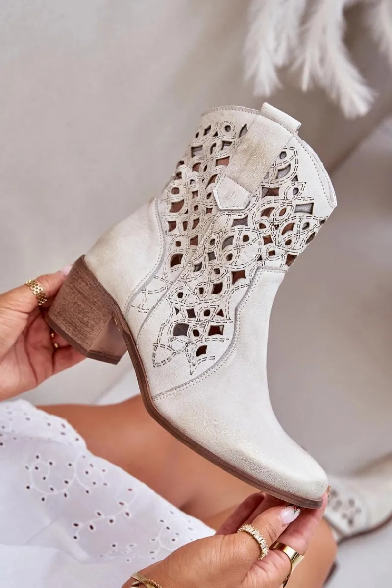 Botki Na Słupku|Botki Ażurowe>Boto Damskie Botki Na Obcasie Z Ażurowym Wzorem Lewski 3394/2 Złote Przecierane