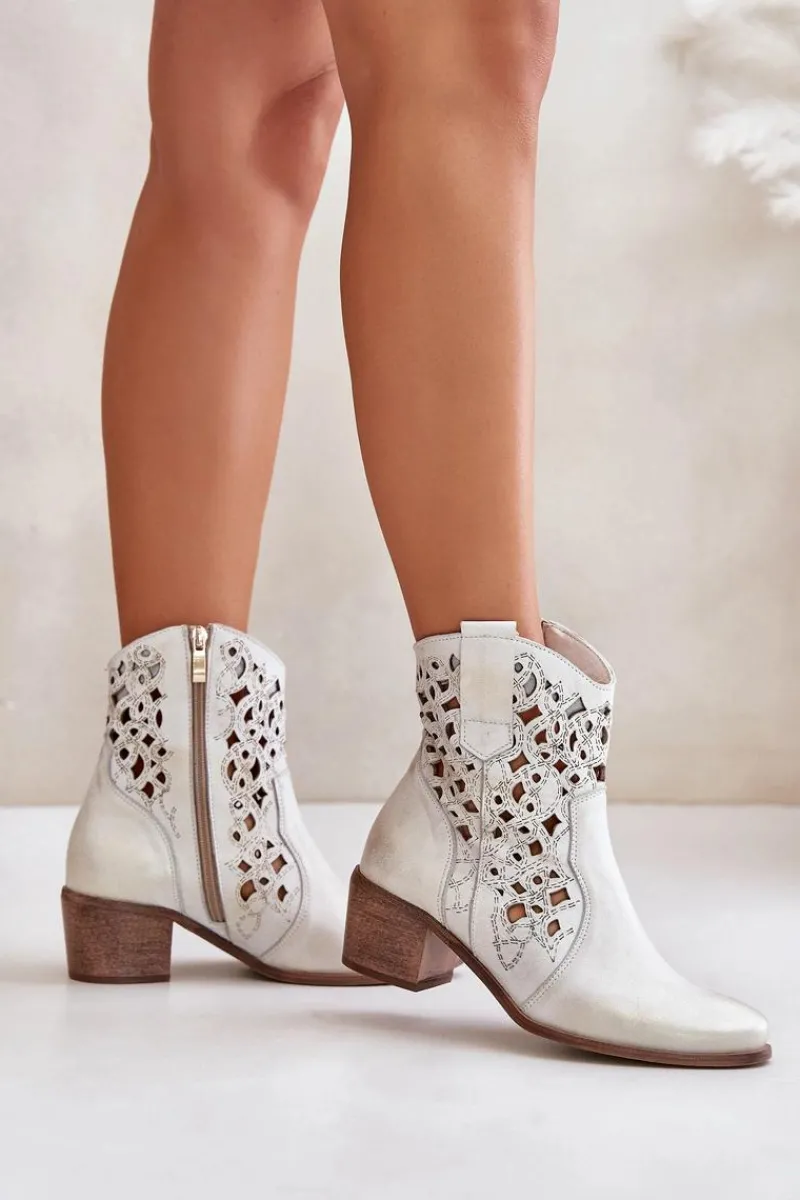 Botki Na Słupku|Botki Ażurowe>Boto Damskie Botki Na Obcasie Z Ażurowym Wzorem Lewski 3394/2 Złote Przecierane