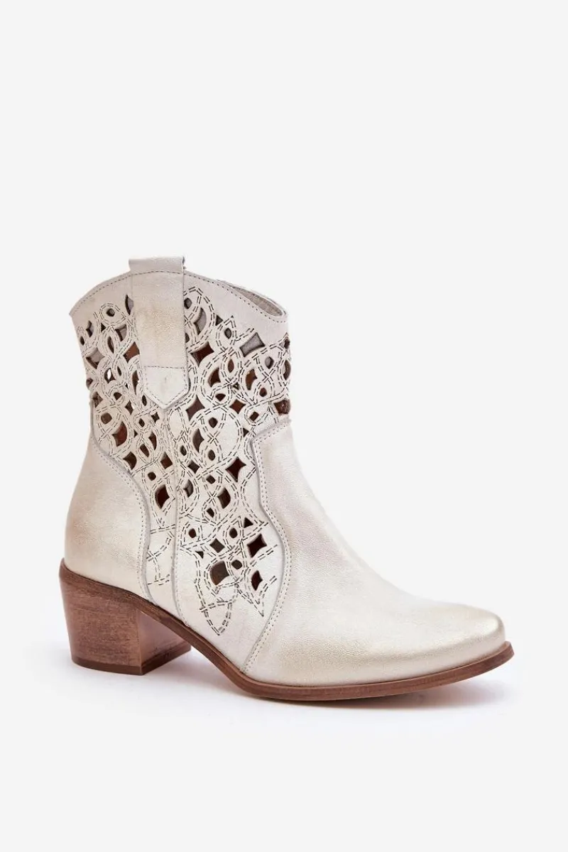 Botki Na Słupku|Botki Ażurowe>Boto Damskie Botki Na Obcasie Z Ażurowym Wzorem Lewski 3394/2 Złote Przecierane