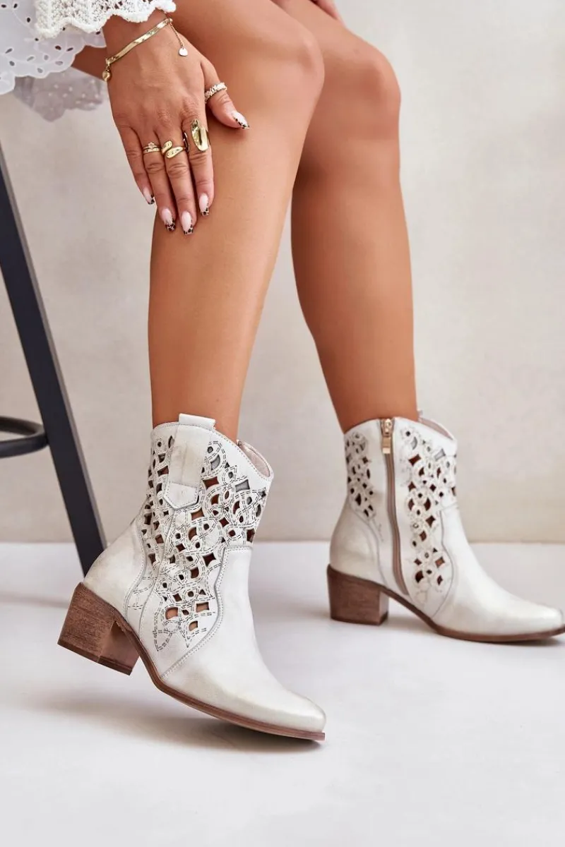 Botki Na Słupku|Botki Ażurowe>Boto Damskie Botki Na Obcasie Z Ażurowym Wzorem Lewski 3394/2 Złote Przecierane