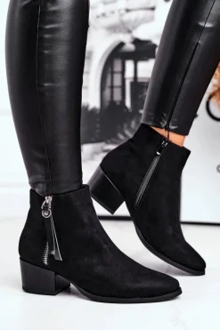 Hot Damskie botki na obcasie ocieplane czarne Discretely Damskie Botki Na Słupku|Czarne Botki