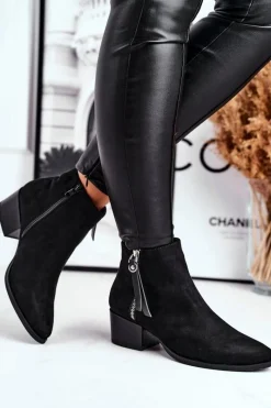 Hot Damskie botki na obcasie ocieplane czarne Discretely Damskie Botki Na Słupku|Czarne Botki