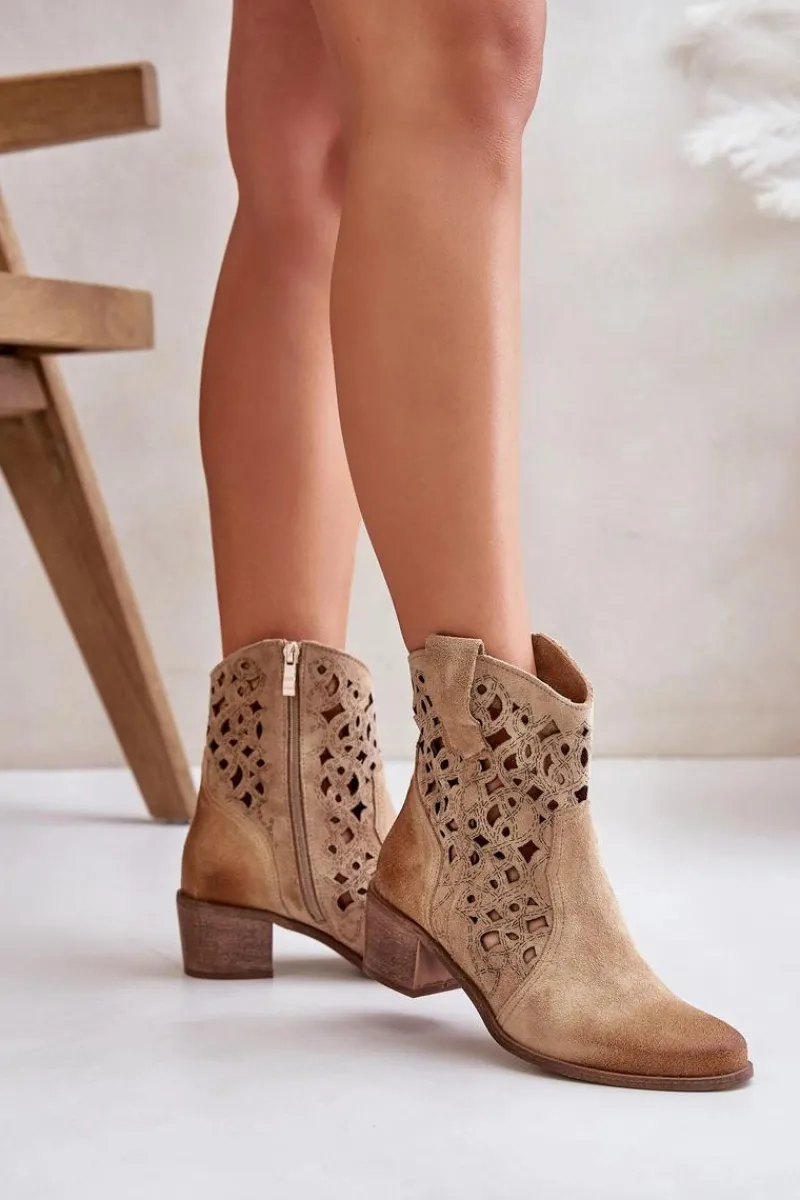 Botki Na Słupku|Botki Ażurowe>Boto Damskie Botki Na Obcasie Z Ażurowym Wzorem Lewski 3394/2 Beżowe