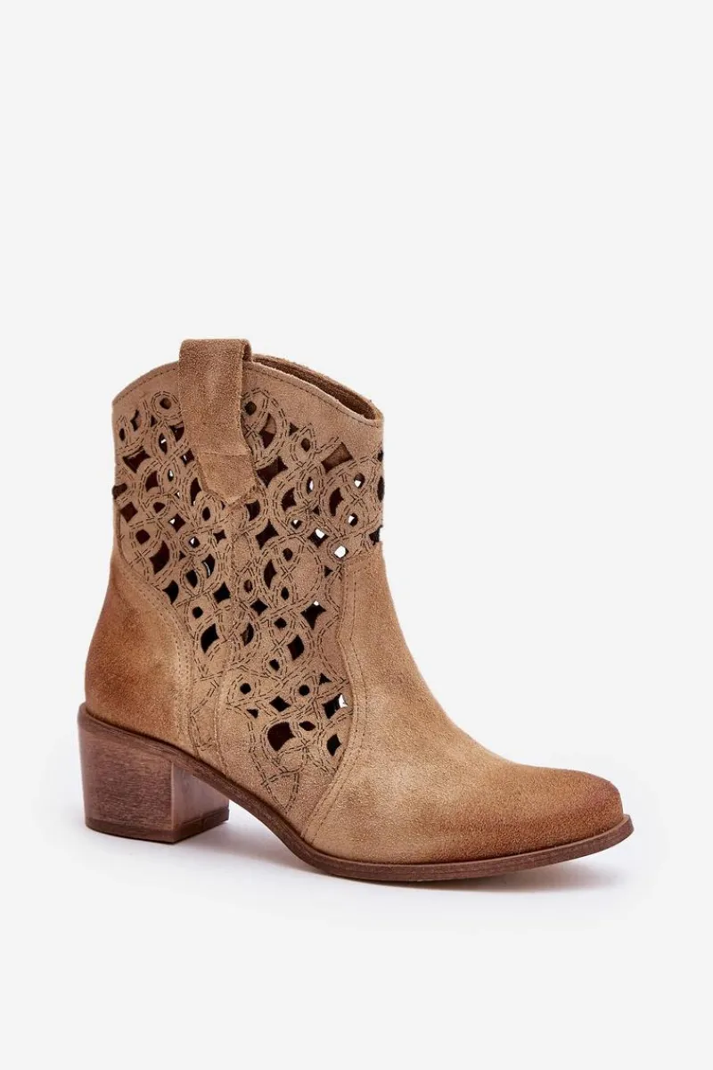 Botki Na Słupku|Botki Ażurowe>Boto Damskie Botki Na Obcasie Z Ażurowym Wzorem Lewski 3394/2 Beżowe