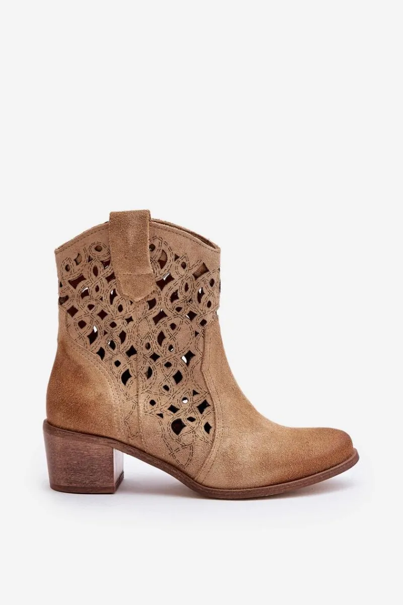 Botki Na Słupku|Botki Ażurowe>Boto Damskie Botki Na Obcasie Z Ażurowym Wzorem Lewski 3394/2 Beżowe
